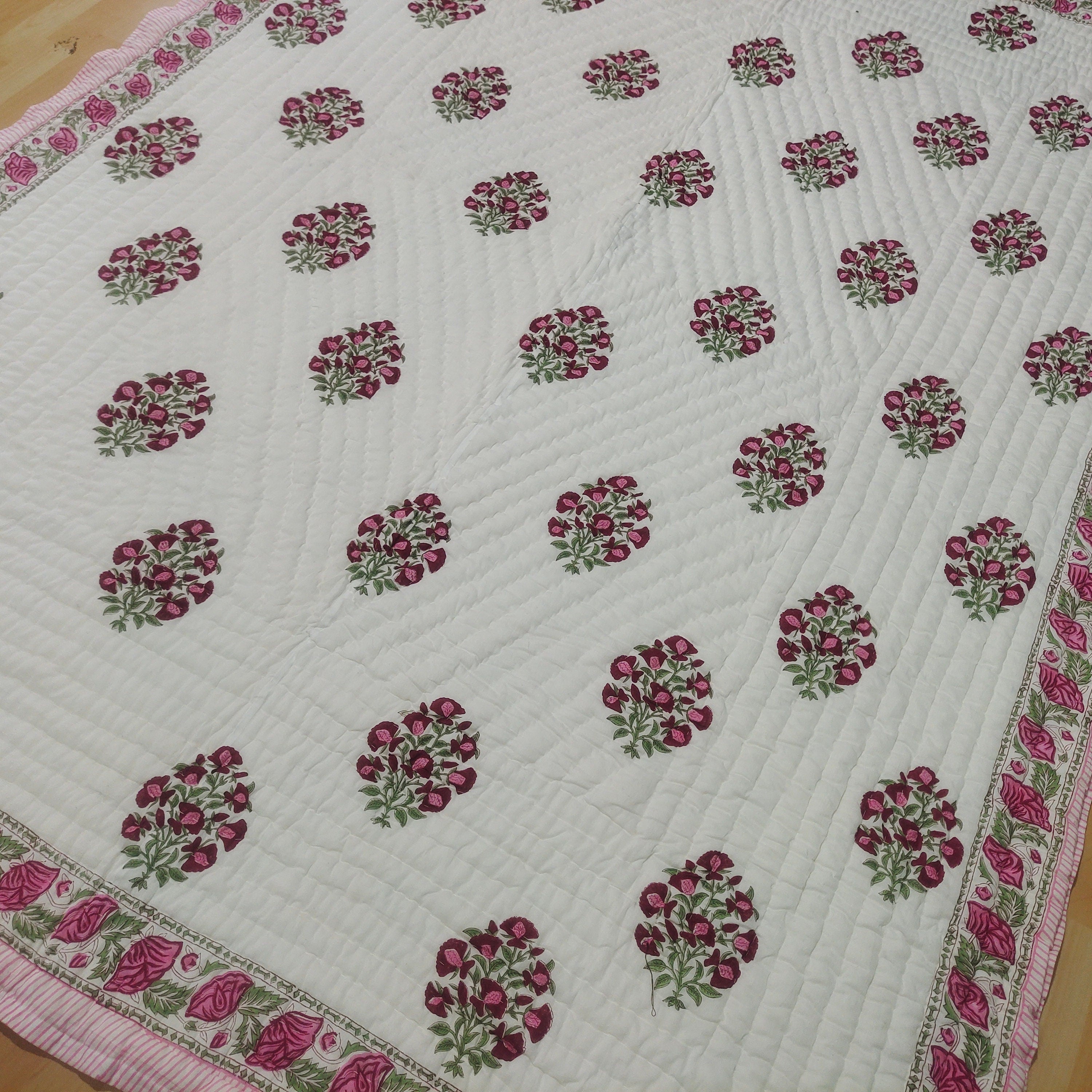 Kantha Quilt Razai Throw – Reversible Cotton Blanket & Bedspread, Queen Size, Vintage Bohemian