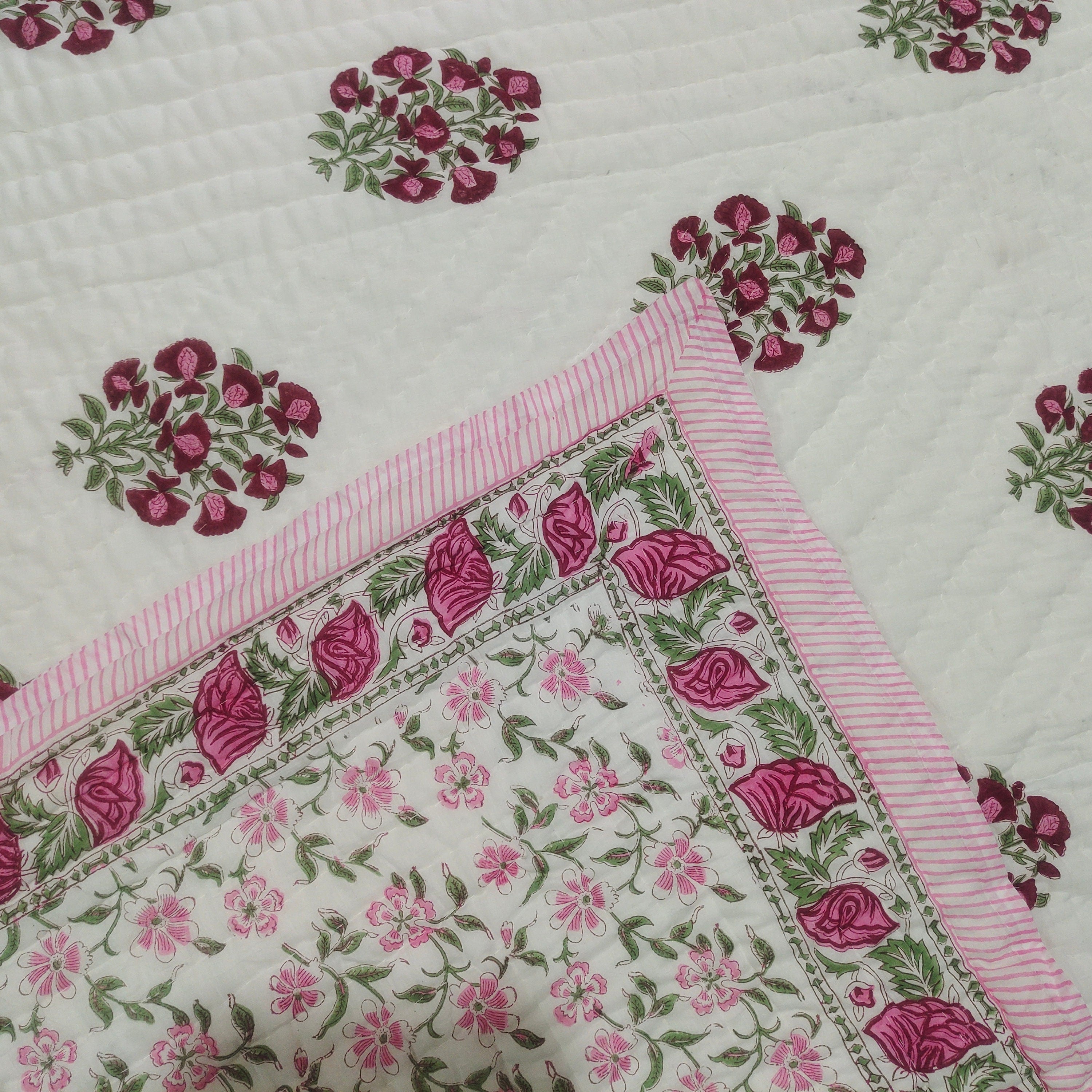 Kantha Quilt Razai Throw – Reversible Cotton Blanket & Bedspread, Queen Size, Vintage Bohemian