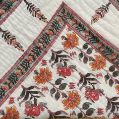 Floral Print Kantha Quilt Razai Throw – Reversible Cotton Blanket & Bedspread, Queen Size