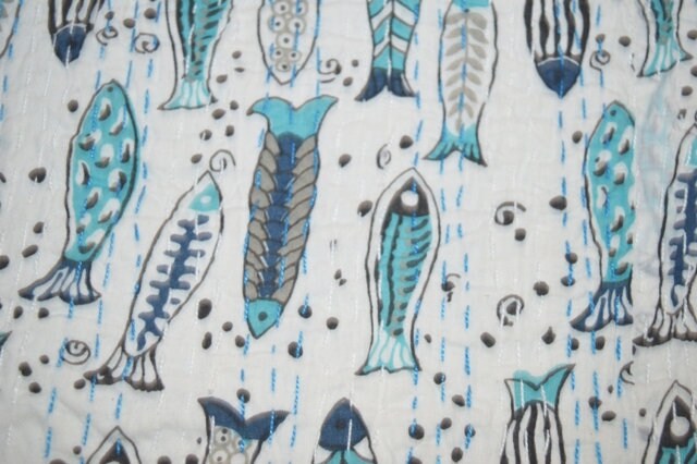 Kantha Quilt Handblock Fisch Bedruckte Kantha Decke Baumwolle Kantha Tagesdecke Handgemacht Kantha Überwurf Twin und Queen und King Size
