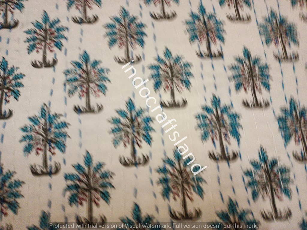 Indian Kantha Quilt – Block Print Floral Cotton Blanket, Handmade Bedspread, King/Queen/Twin