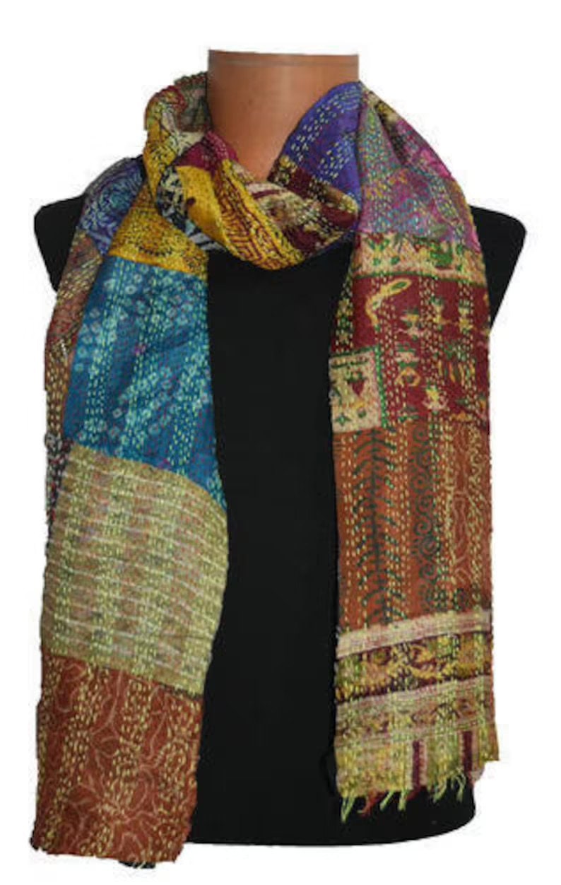 Indian Kantha Silk Scarf – Handmade Bohemian Hippie Patchwork Reversible Neck Wrap