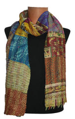 Indian Kantha Silk Scarf – Handmade Bohemian Hippie Patchwork Reversible Neck Wrap