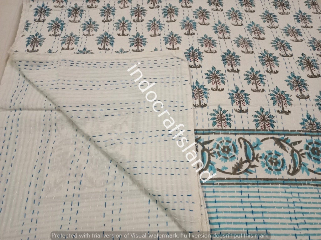 Indian Kantha Quilt – Block Print Floral Cotton Blanket, Handmade Bedspread, King/Queen/Twin