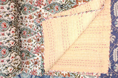 Indian Cotton Kantha Quilt Bedding – Handmade Vintage Queen Size Bedspread, Throw & Sofa Coverlet