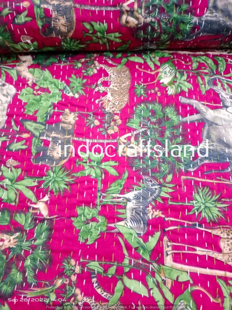 Indian Kantha Quilt – Hand Block Animal Print Cotton Blanket, Twin/Queen/King Size