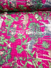 Indian Kantha Quilt – Hand Block Animal Print Cotton Blanket, Twin/Queen/King Size