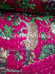 Indian Kantha Quilt – Hand Block Animal Print Cotton Blanket, Twin/Queen/King Size