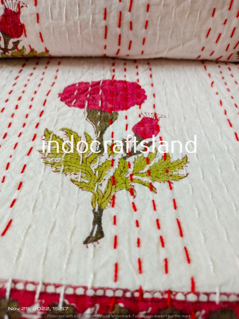 Hand Block Printed Handmade Kantha Quilt – Indian Cotton Bedspread for Summer & Winter