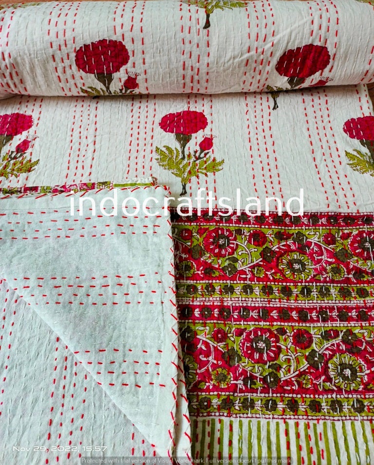Hand Block Printed Handmade Kantha Quilt – Indian Cotton Bedspread for Summer & Winter