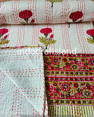 Hand Block Printed Handmade Kantha Quilt – Indian Cotton Bedspread for Summer & Winter