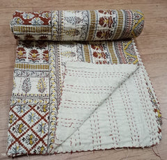 Indian Handmade Kantha Quilt Throw – Reversible Cotton Bedspread, King/Double Size, Floral Print