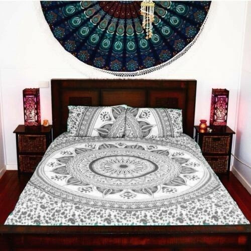 Indisches graues Ombre-Mandala-Queen-Size-Doona-Bettbezug-Set aus Baumwolle mit 2 Kissenbezügen, Mandala-Decke