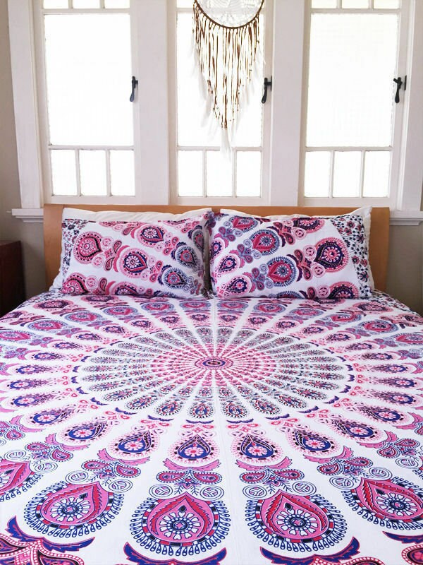 Neues Queen-Size-Bettlaken-Set, Mandala-Bettwäsche-Set, indische Tagesdecke, Baumwoll-Bettwäsche-Set mit 2 Kissenbezügen, Mandala-Decke