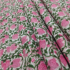 Flower Fabric Block Print – Indian Voile Cotton Floral Lightweight Soft Jaipuri Fabric By The Yard