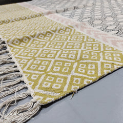 Indischer handbedruckter Bodenteppich, Handgemachter Teppich, Indischer Dhurrie-Teppich, Baumwollteppich, Flächenteppich, Aztekenteppich