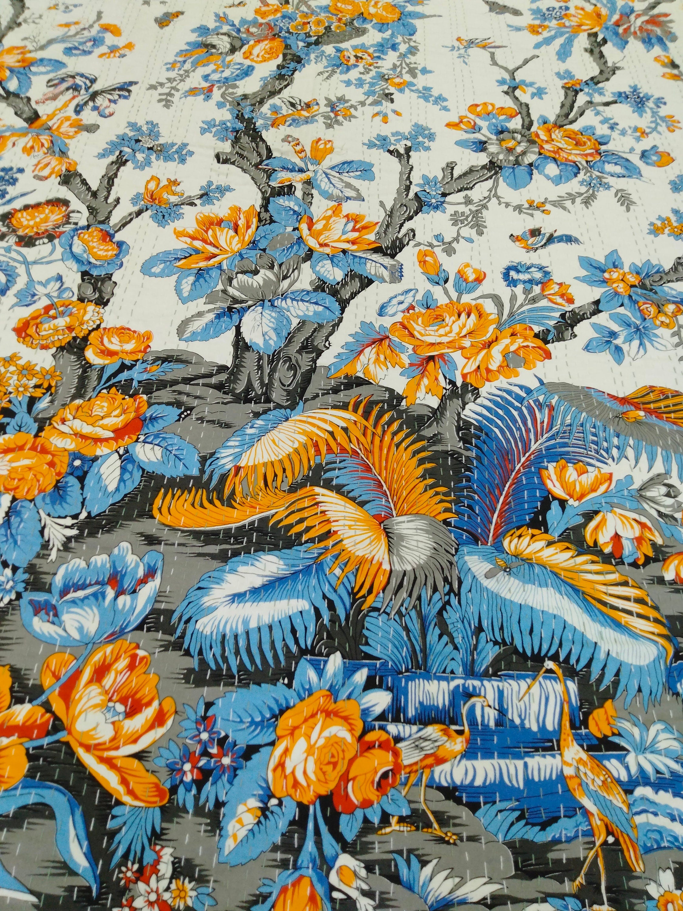 Indian Kantha Quilt – Handmade Floral Print King Size Bedspread & Bohemian Throw