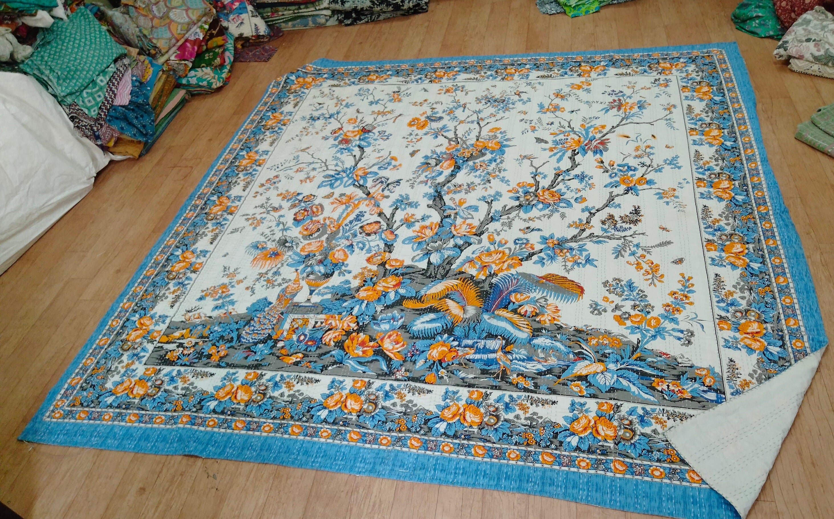 Indian Kantha Quilt – Handmade Floral Print King Size Bedspread & Bohemian Throw