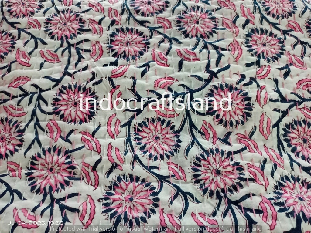Handbedruckte Doppel-Boho-Kantha-Steppdecke im Vintage-Stil, indische Kantha-Tagesdecke, handgenähte Kantha-Überwurfdecke aus Baumwolle im Vintage-Stil