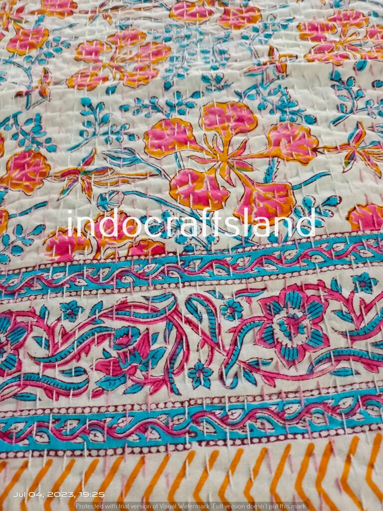 Beautiful Floral Print kantha quilt Indian hand block print kantha quilt Reversible cotton Bedding Bedspread Queen Size Kantha Gudari