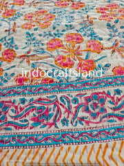 Beautiful Floral Print kantha quilt Indian hand block print kantha quilt Reversible cotton Bedding Bedspread Queen Size Kantha Gudari