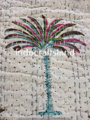 Vintage Hand Block Printed Double size Bohemian Kantha Quilt, Indian kantha Bedspread Hand Stitched Cotton kantha Throw Blanket