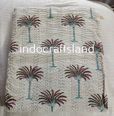 Vintage Hand Block Printed Double size Bohemian Kantha Quilt, Indian kantha Bedspread Hand Stitched Cotton kantha Throw Blanket