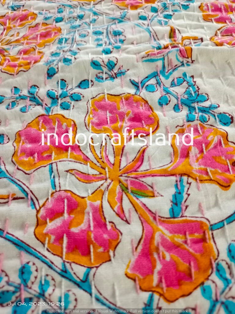 Beautiful Floral Print kantha quilt Indian hand block print kantha quilt Reversible cotton Bedding Bedspread Queen Size Kantha Gudari