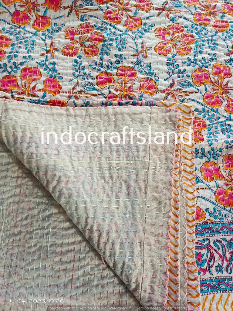 Beautiful Floral Print kantha quilt Indian hand block print kantha quilt Reversible cotton Bedding Bedspread Queen Size Kantha Gudari