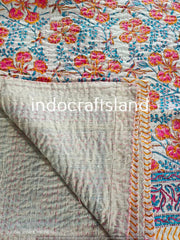 Beautiful Floral Print kantha quilt Indian hand block print kantha quilt Reversible cotton Bedding Bedspread Queen Size Kantha Gudari