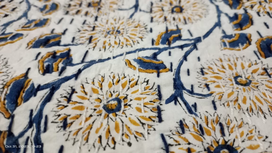 Indian Cotton Kantha Quilt Bedding Bed Cover Throw Sofa Coverlet Bedspread Queen Size Hand Block Printed Blanket Vintage Gudri