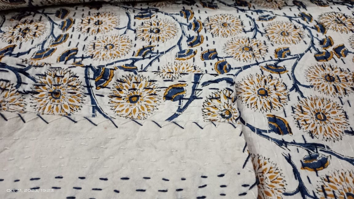 Indian Cotton Kantha Quilt Bedding Bed Cover Throw Sofa Coverlet Bedspread Queen Size Hand Block Printed Blanket Vintage Gudri