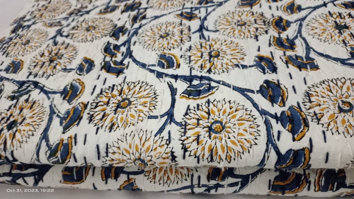Indian Cotton Kantha Quilt Bedding Bed Cover Throw Sofa Coverlet Bedspread Queen Size Hand Block Printed Blanket Vintage Gudri