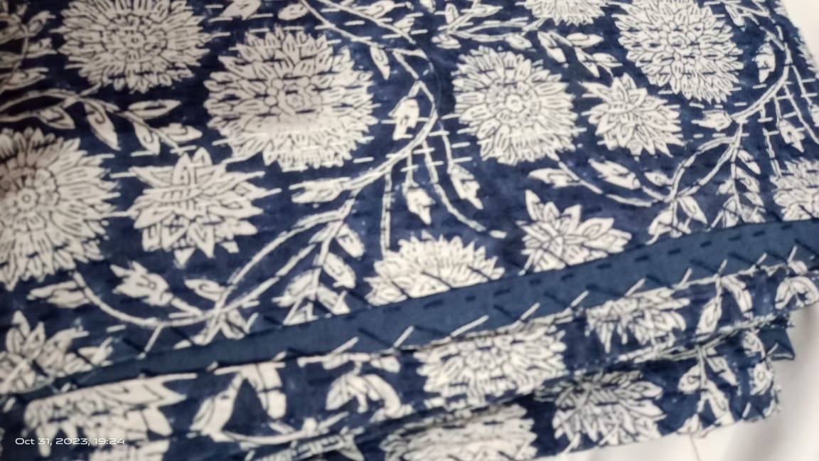 Hand Block Cotton Kantha Quilt Bedding Bed Cover Throw Sofa Coverlet Bedspread Queen Size Handmade Blanket Vintage Gudri
