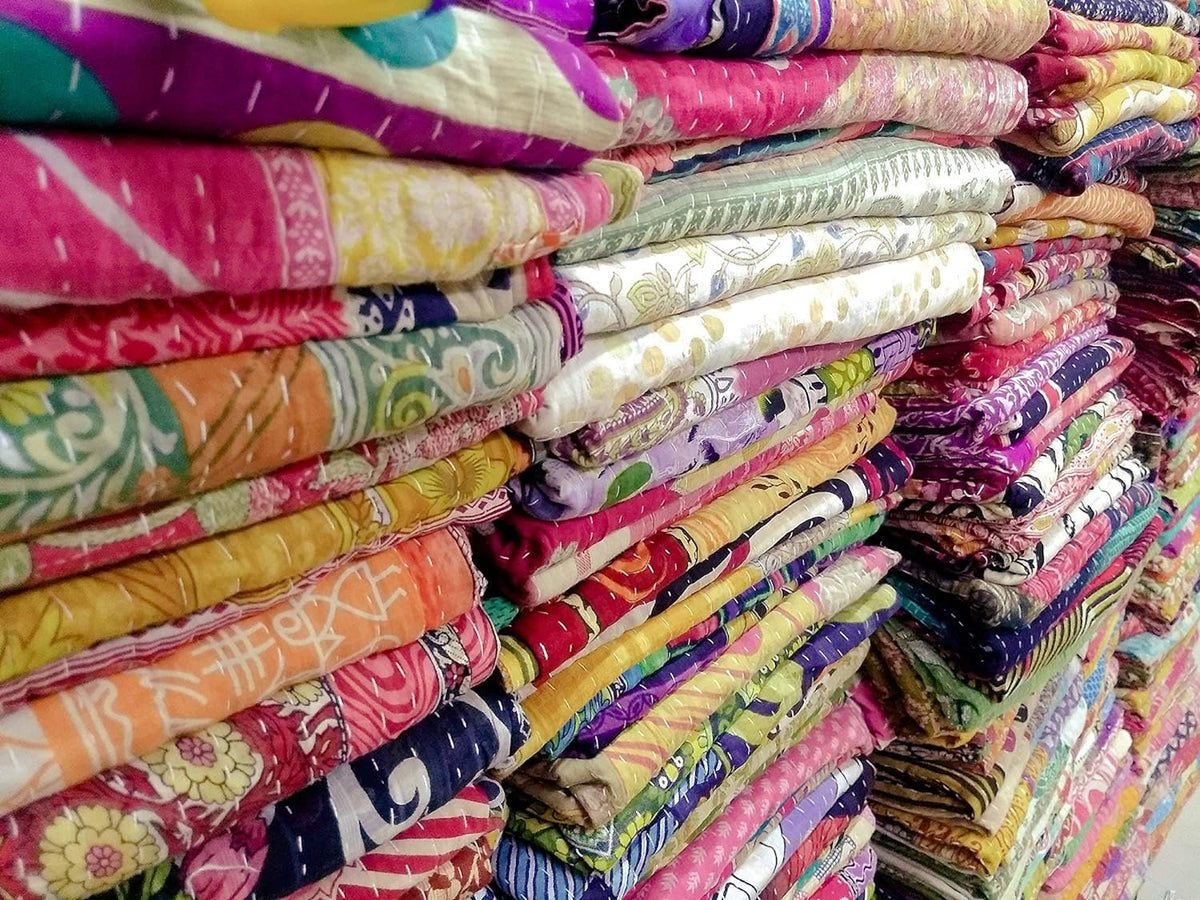 Wholesale 20 Pcs Vintage Kantha Quilt Lot – Handmade Reversible Cotton Bedspread Throws