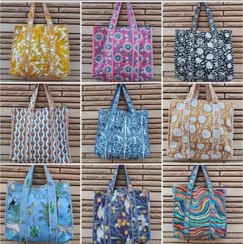 Block Print Quilted Cotton Tote