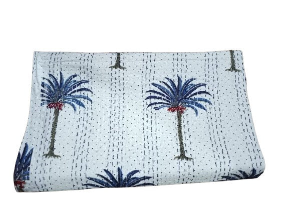 Vintage Blaue Palme Kantha Quilt Indischer Quilt Blockdruck Quilt Tagesdecke Boho Boho Baumwolldecke Überwurf Quilt Handgemacht