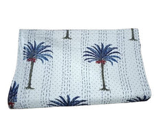 Vintage Blaue Palme Kantha Quilt Indischer Quilt Blockdruck Quilt Tagesdecke Boho Boho Baumwolldecke Überwurf Quilt Handgemacht