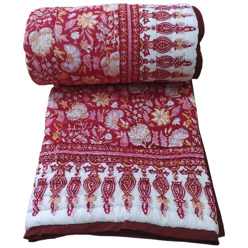 Indischer Jaipuri Red Print Quilt, Floral Razai Baumwolle Handgemachter Quilt, Tagesdecke Tröster Anokhi Boho Boho, Baumwollfüllung