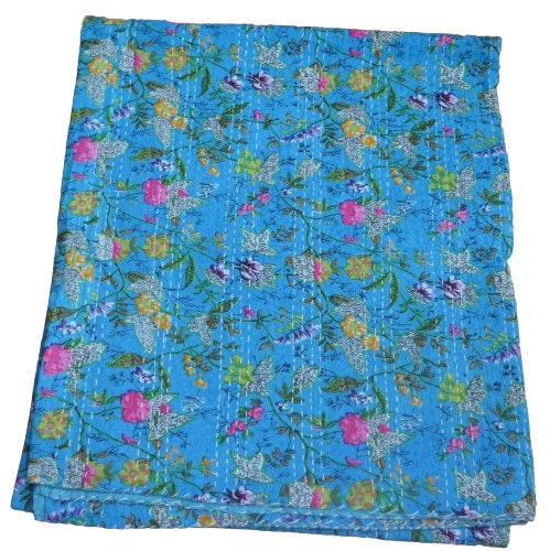 Indischer Ethno-Paradies-Druck, Kantha-Steppdecke, Handblockdruck, Queen-Size-Größe, 100 % Baumwolle, Tagesdecke, Bettüberwurf