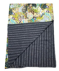 Handmade Indian black paisley print Kantha Quilt, Kantha Blanket, Throw, Kantha, Bedspread Bedding, Throw Single Size