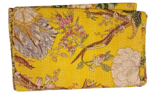 Jaipuri Reversible Kantha Quilt Soft Cotton Bedspread Jaipuri Quilt / Razai Yellow Color Big floral print