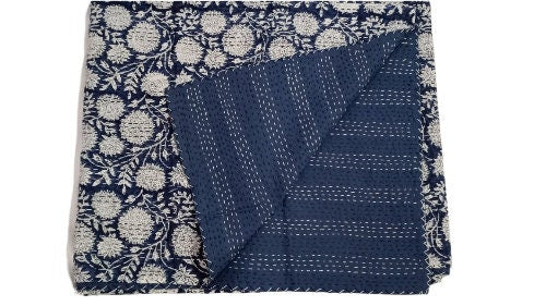 Hand Block Cotton Kantha Quilt Bedding Bed Cover Throw Sofa Coverlet Bedspread Queen Size Handmade Blanket Vintage Gudri