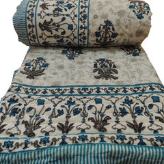 Indian Reversible Floral Print Kantha Quilt Razai – Queen Size Cotton Bedspread & Throw