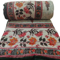 Floral Print Kantha Quilt Razai Throw – Reversible Cotton Blanket & Bedspread, Queen Size