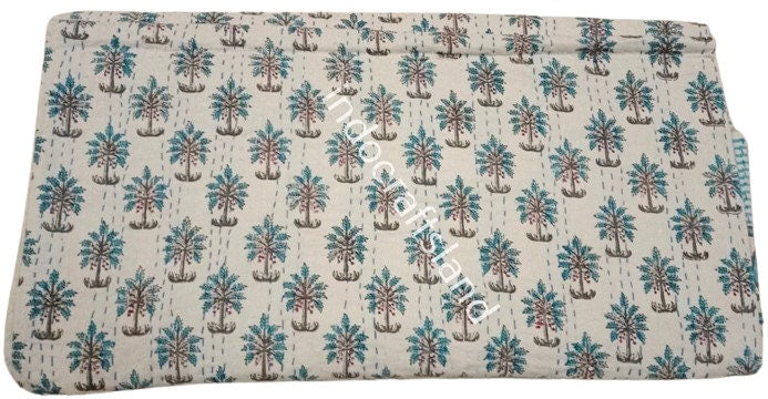 Indian Kantha Quilt – Block Print Floral Cotton Blanket, Handmade Bedspread, King/Queen/Twin