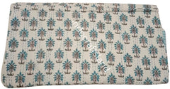 Indian Kantha Quilt – Block Print Floral Cotton Blanket, Handmade Bedspread, King/Queen/Twin