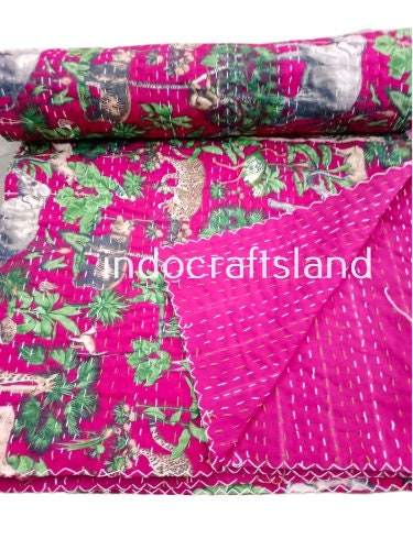 Indian Kantha Quilt – Hand Block Animal Print Cotton Blanket, Twin/Queen/King Size