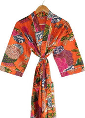 Indian Large Orange Floral Print Cotton Bathrobe – Women’s Kimono Dressing Gown & Nightwear