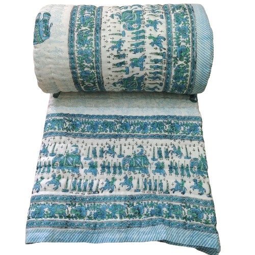 Indian Jaipuri Blue Print Quilt – Handmade Floral Razai Cotton Bedspread